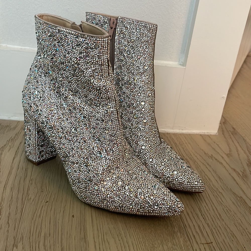 Betsey Johnson Silver Rhinestone Embellished Ankle Boots - Picture 4 of 6
